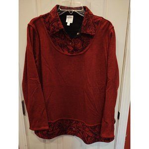 Parsley & Sage Womens Top L Tunic Red Geometric Buttons Blouse Pullover Lined